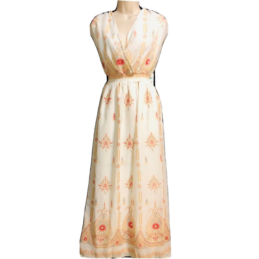 Lapogee Cream Medallion Print Maxi Dress Sleeveless Pockets Plus Size 3X NWT